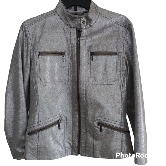 Chico's Jackets & Blazers - Chico's Silver Metallic Genuine Leather Moto Jacket Chico's 1 (US 8/10)